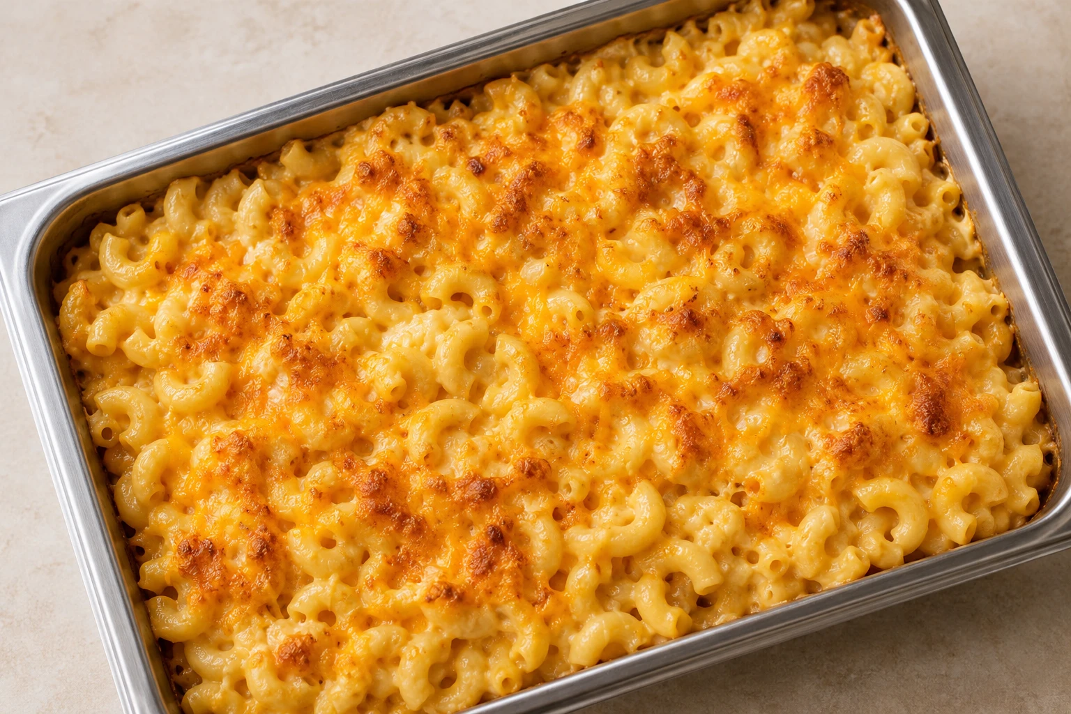 Illustrative freshly baked golden macaroni and cheese in a catering tray