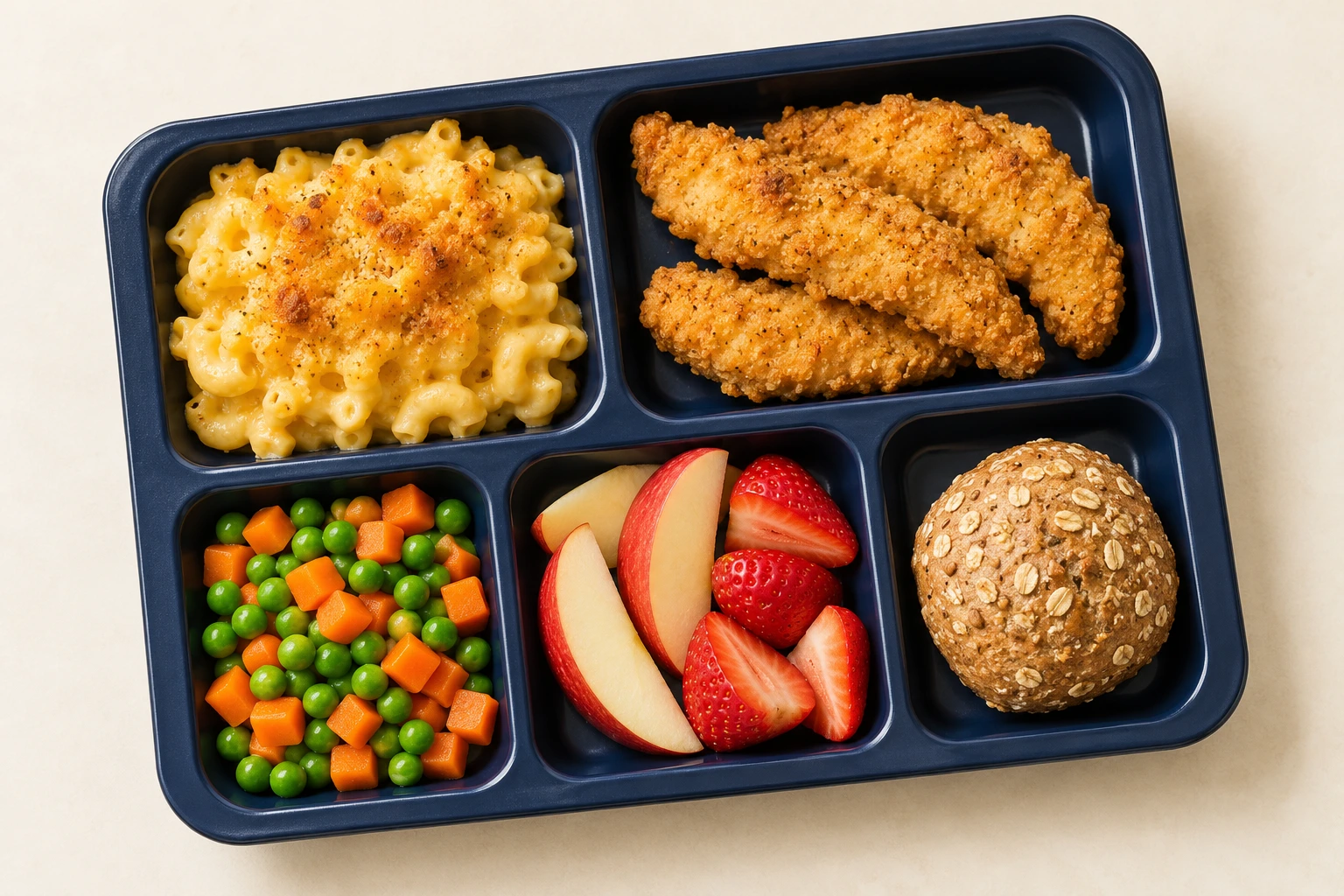 Illustrative overhead school lunch tray with macaroni, chicken, vegetables, fruit, and a roll