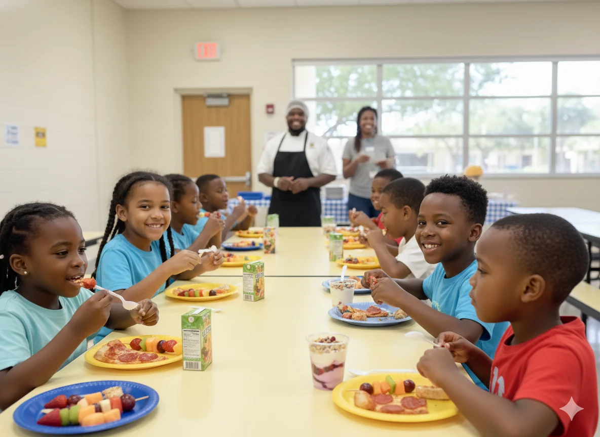 Students enjoying lunch together, from the original M&J website