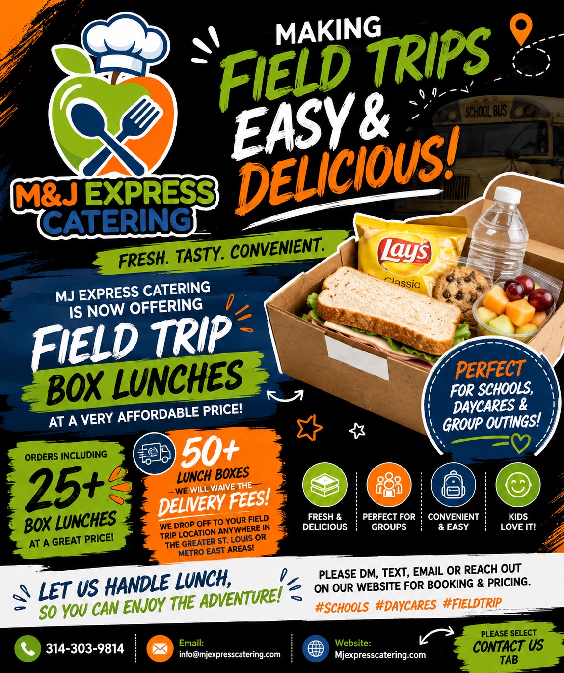 M&J Express Catering field trip box lunch flyer with ordering and delivery information